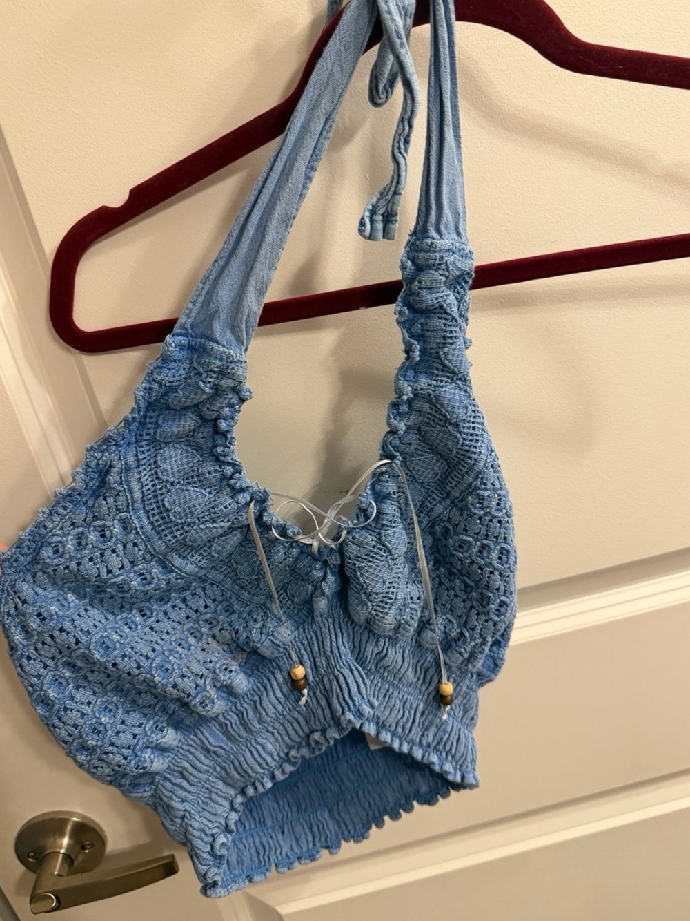 Seaspice Resort light blue knit crochet halter top with a smocked waistband